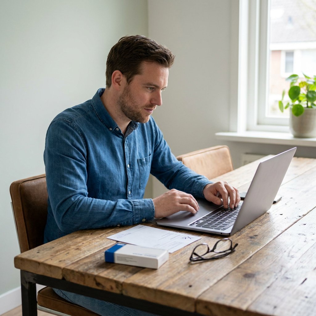 Man bekijkt op een laptop een online apotheek terwijl een huisartsrecept, medicijndoosje en bril op een nette tafel in daglicht liggen.