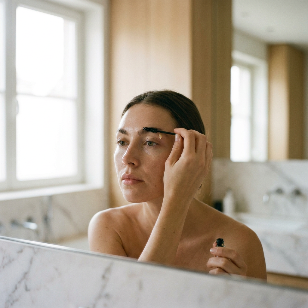 Close-up van een vrouw in een lichte badkamer die zorgvuldig serum met een borsteltje op haar wenkbrauwen aanbrengt bij zacht daglicht.