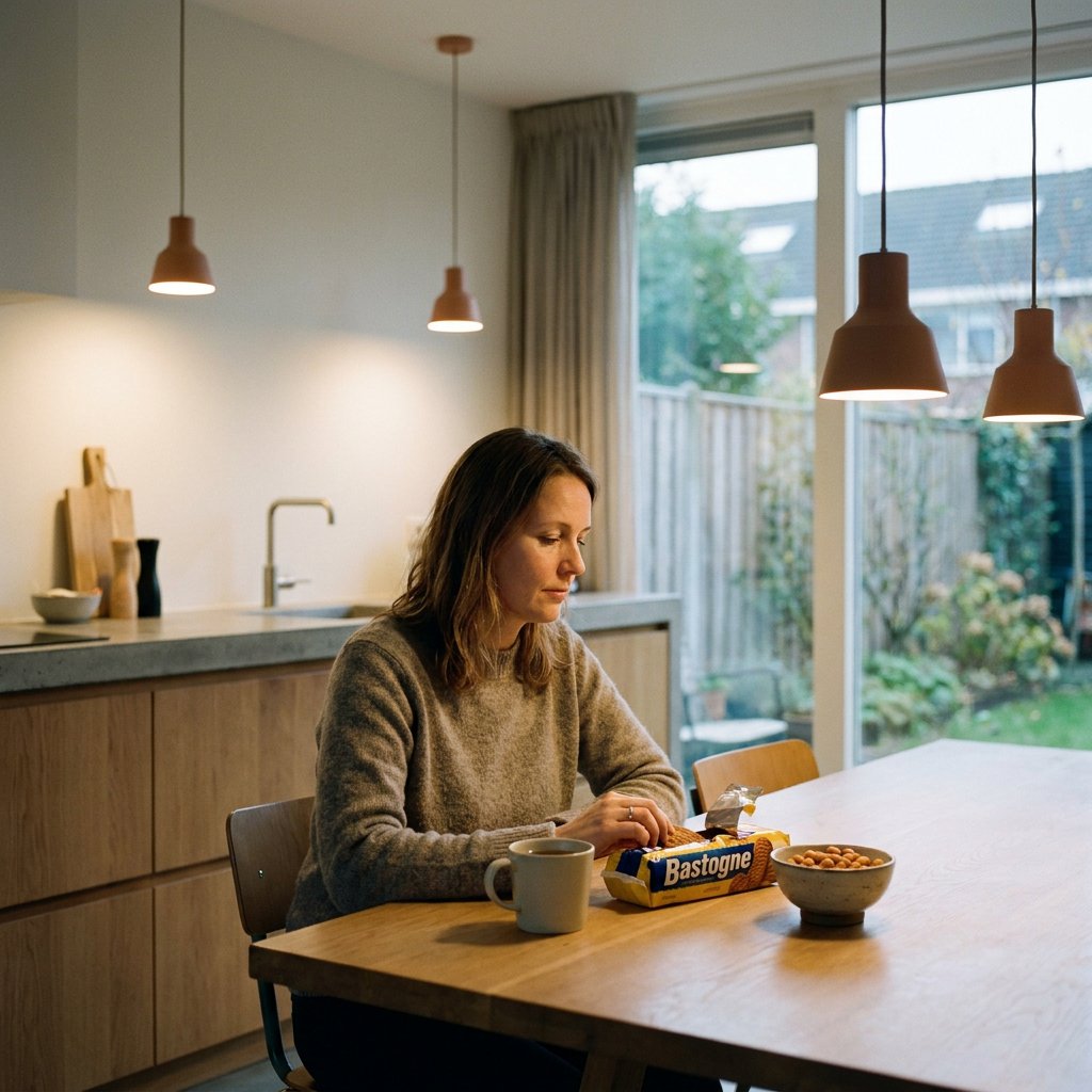 Volwassen vrouw zit peinzend aan een keukentafel met snacks en een kop thee, in zacht daglicht dat een rustig, herkenbaar moment van emotie eten toont.