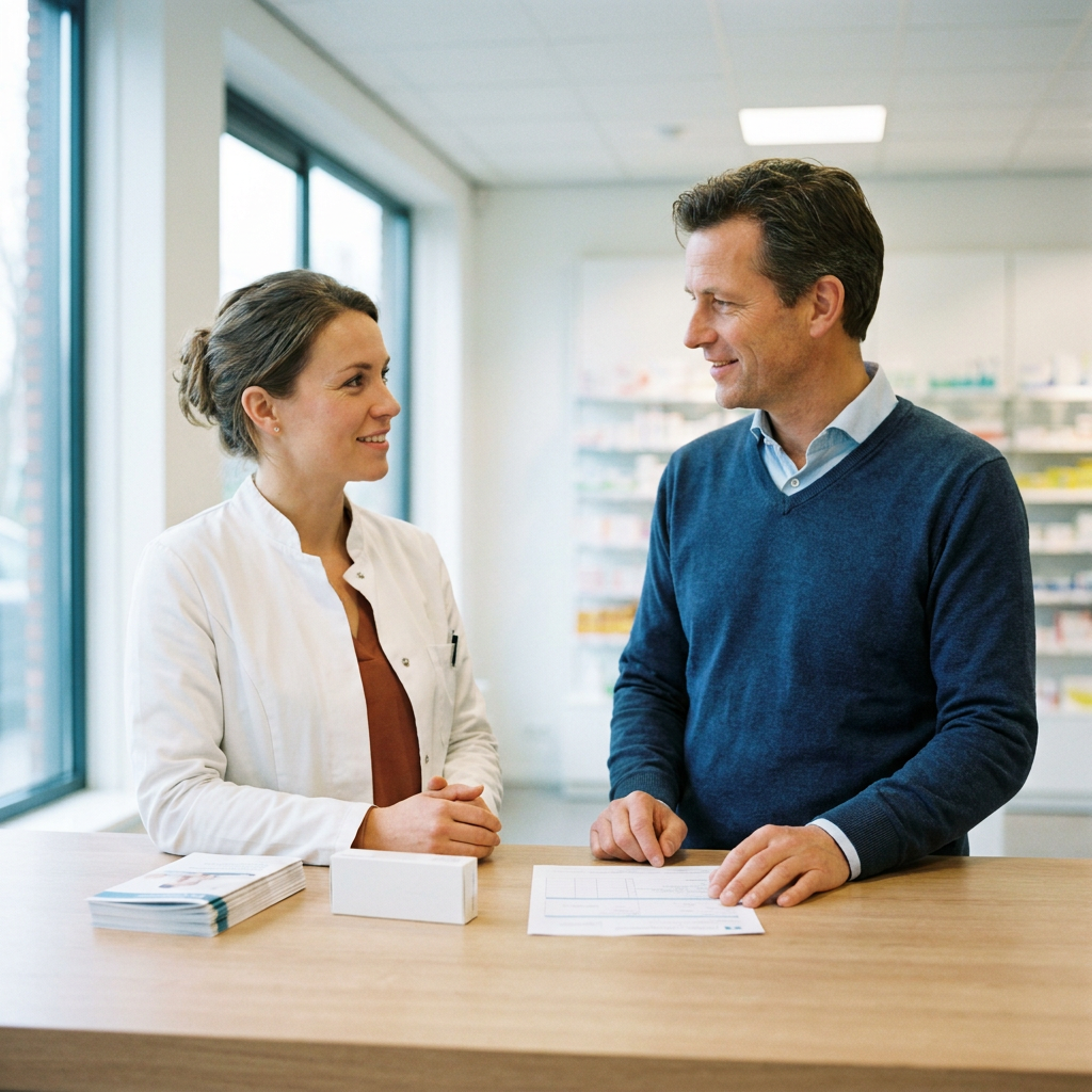 Apotheker staat in een moderne Nederlandse apotheek bij een toonbank met medicijnverpakking en gesprekspapieren in helder daglicht.