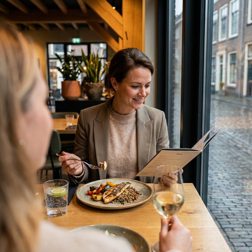 Vrouw in een modern Europees restaurant bekijkt een lichte maaltijd en menukaart, ontspannen en zelfverzekerd tijdens een avond uit.