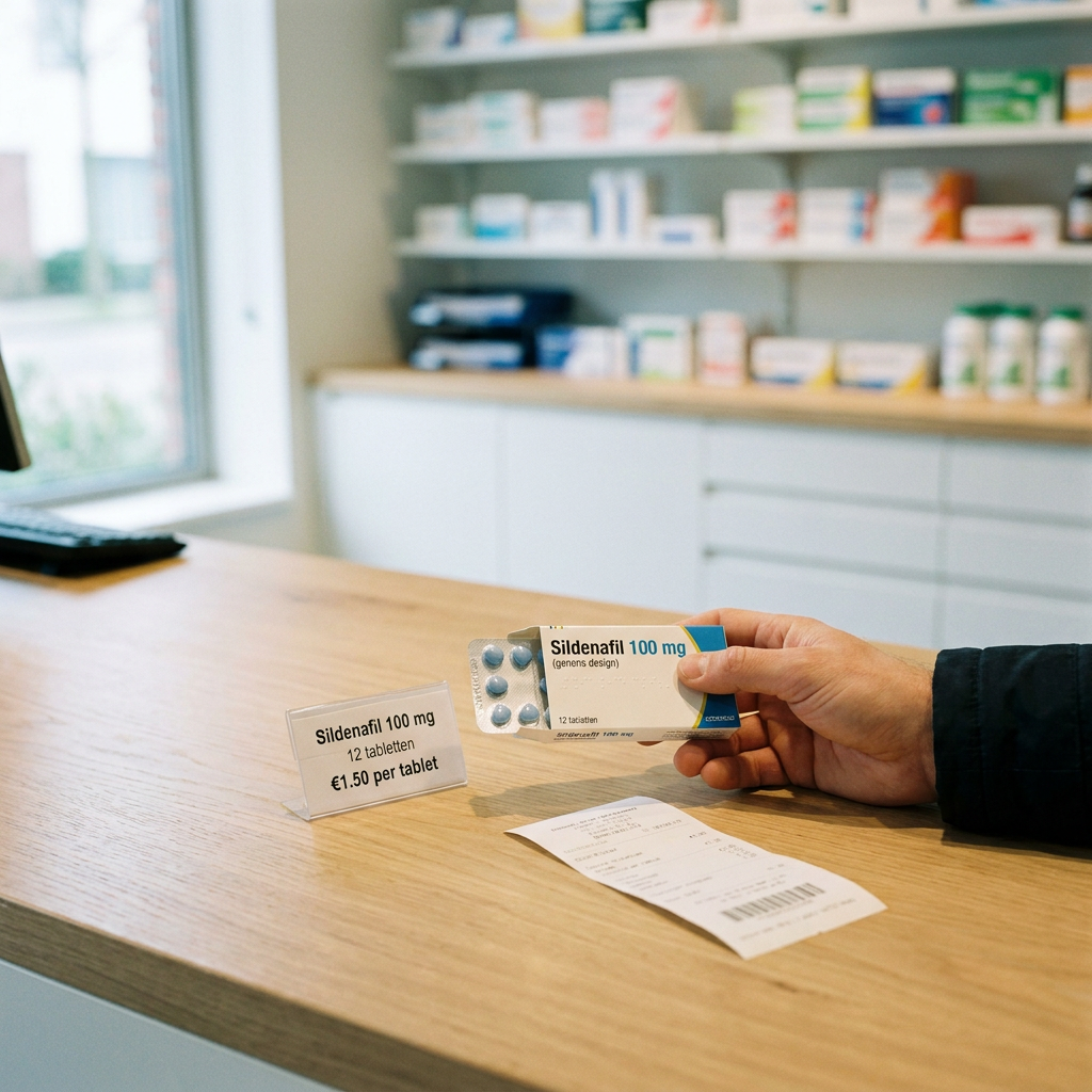 Close-up van een apotheekbalie met sildenafilverpakking, prijskaartjes en een klant die kosten per tablet vergelijkt in helder daglicht.