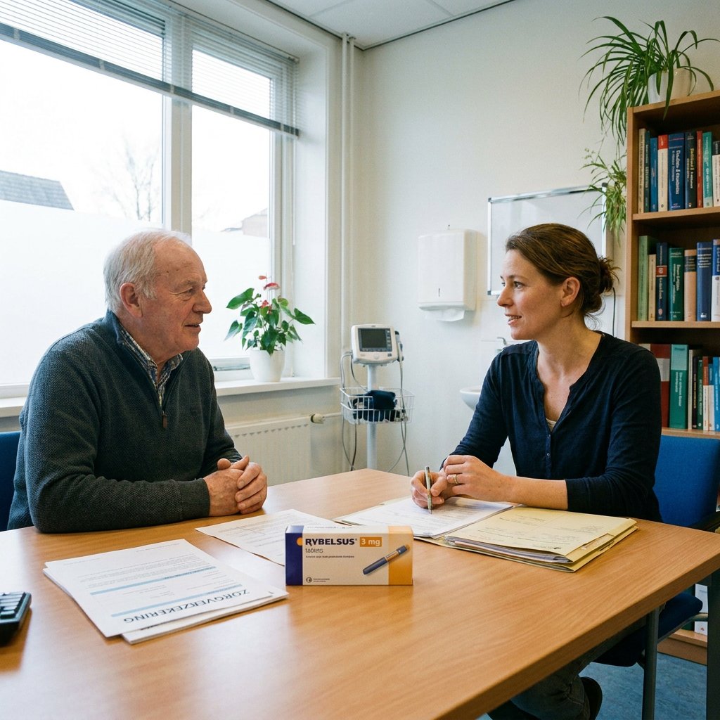 Nederlandse patiënt bespreekt medicatiekosten en vergoeding met huisarts aan een lichte bureauopstelling, met verzekeringspapieren en doosje op tafel.