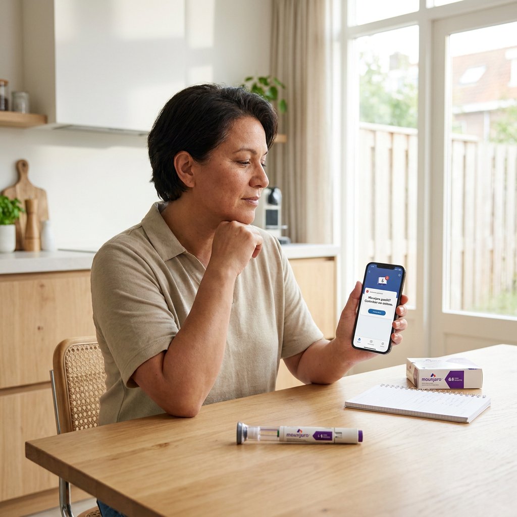 Volwassene in een lichte Nederlandse keuken bekijkt een injectiepen en smartphone, met medicijndoosje op tafel in een rustige medische setting.
