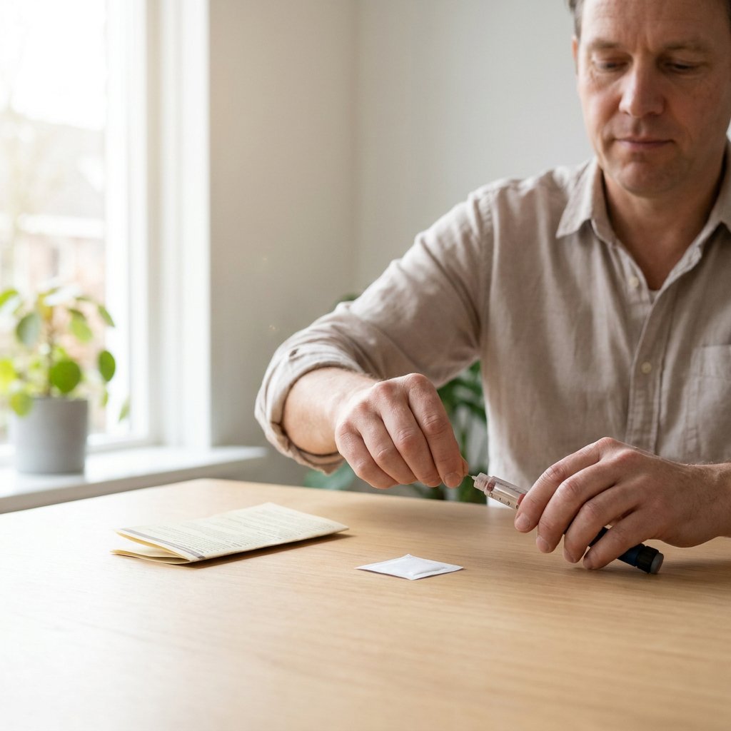 Volwassene in een lichte, nette thuisomgeving bereidt zorgvuldig een Saxenda-injectiepen voor op tafel met medische benodigdheden.