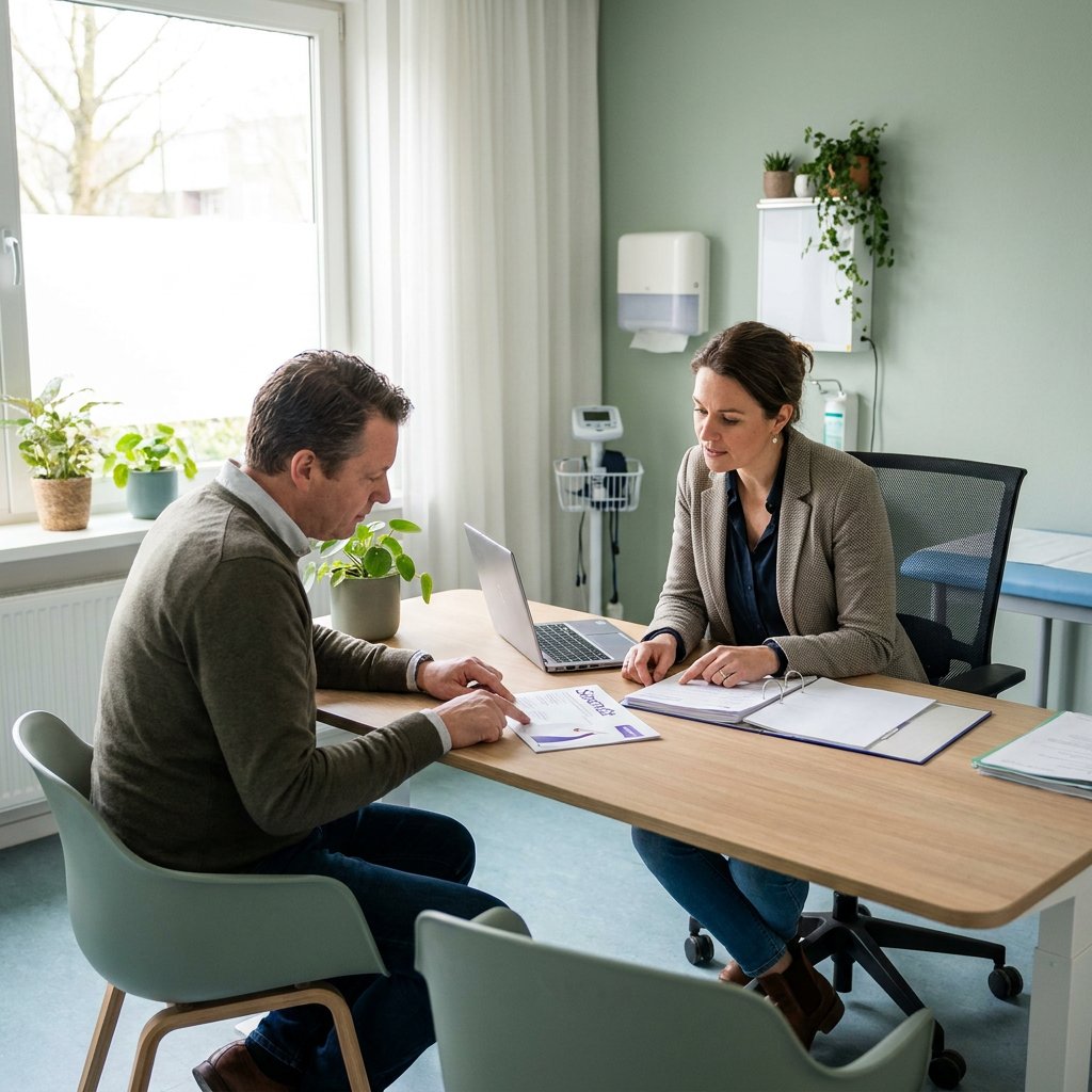 Volwassen patiënt bespreekt vergoeding van Saxenda met een huisarts in een rustige Nederlandse spreekkamer, met documenten en warme daglichtsfeer.
