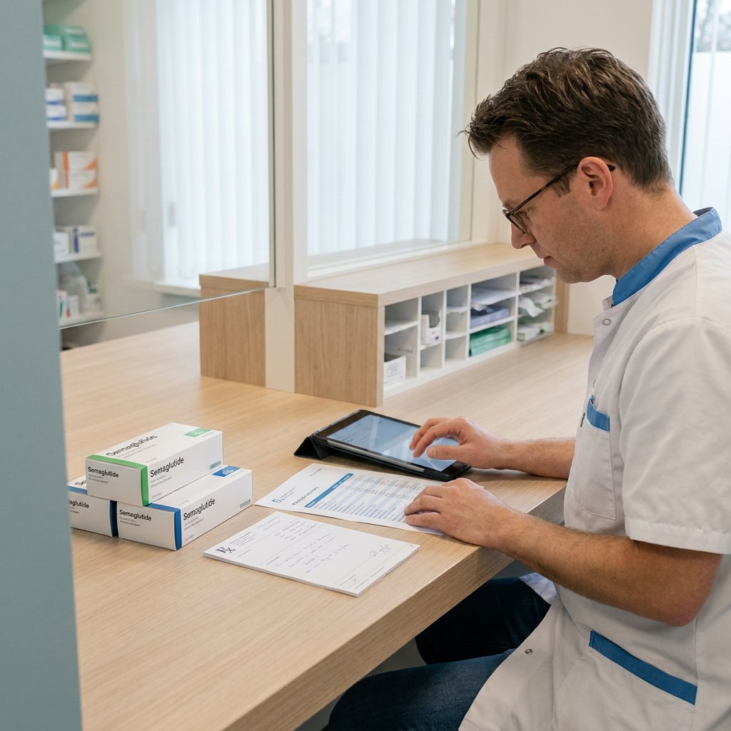 Nederlandse apotheekomgeving met semaglutide verpakkingen, recept en prijsinformatie op balie, helder daglicht en professionele medische sfeer.
