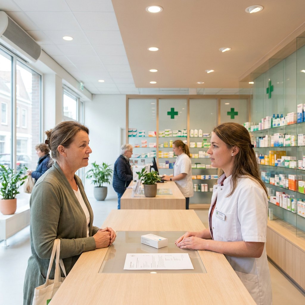 Nederlandse apotheekscène met patiënt die recepttabletten en prijsinformatie bespreekt met apotheker aan een nette, moderne balie.