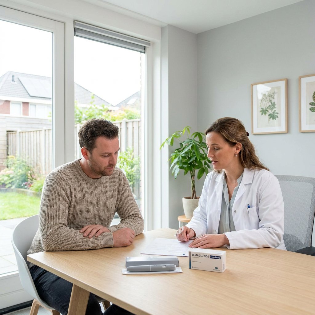Dutch doctor reviewing two semaglutide treatment options with a patient at a clean clinic desk, with injection pen and tablet pack visible.