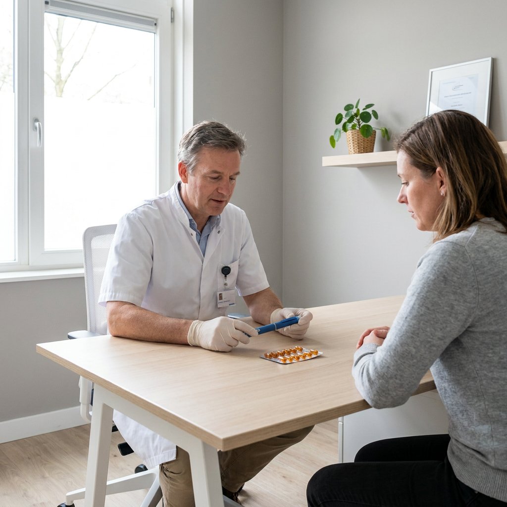 Healthcare professional in a bright Dutch clinic compares a weekly injection pen and capsule pack on a desk, with a patient listening nearby.