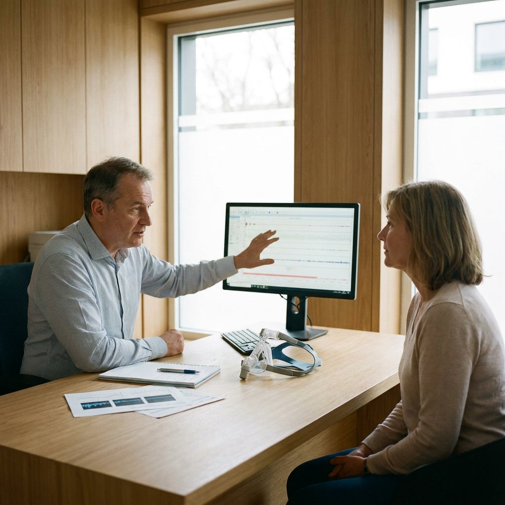 Patiënt zit in een rustige slaapkliniek tegenover een arts met scanbeelden en notities over slaapapneu en GLP-1 behandeling op tafel.