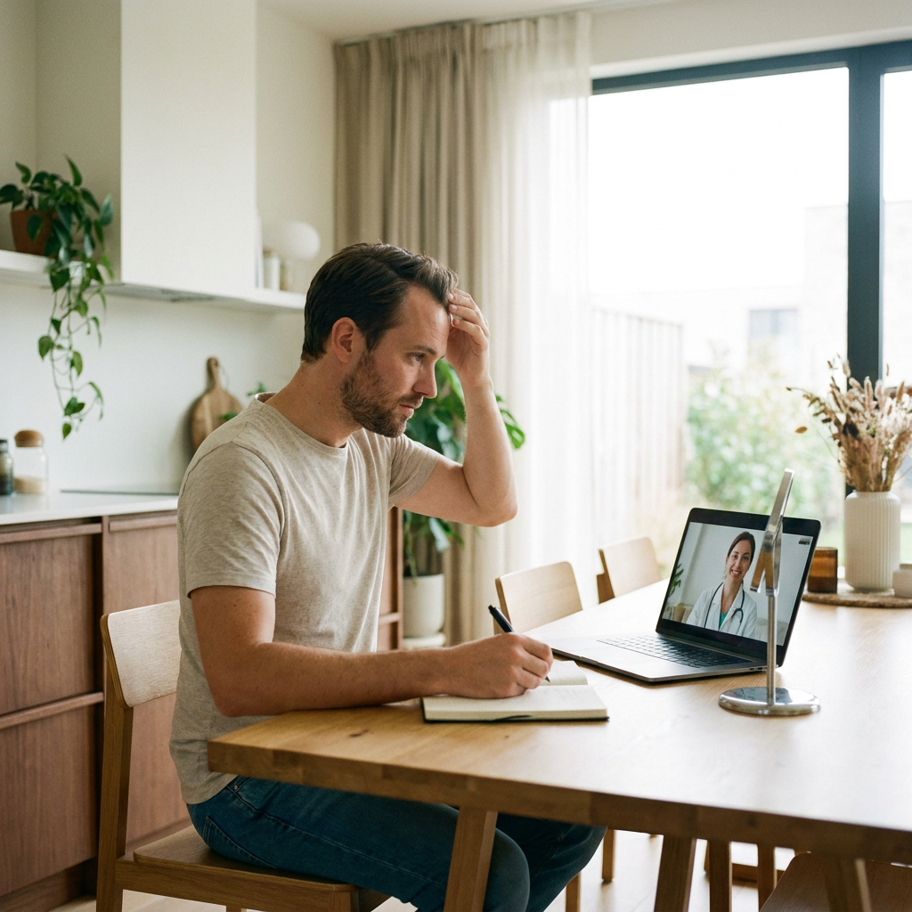 Man van begin dertig bekijkt een online medisch consult op zijn laptop in een lichte moderne woning, met aandacht voor beginnend haarverlies.