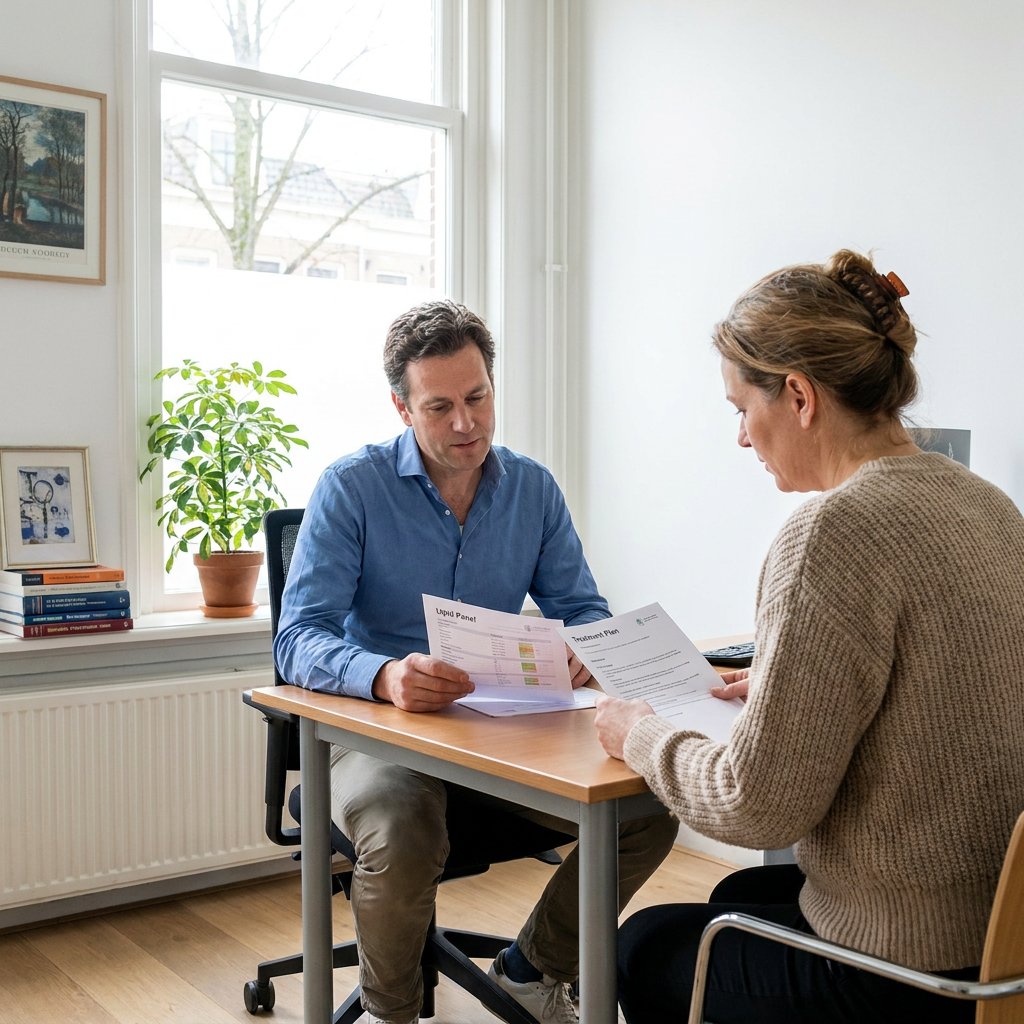 Patiënt en arts bespreken bloedwaarden aan een bureau in een moderne Nederlandse spreekkamer, met focus op cholesterol en GLP-1-behandeling.