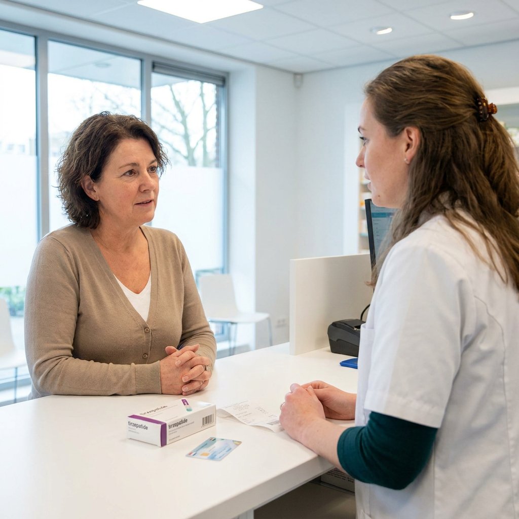 Nederlandse apotheekscène met patiënt en apotheker bij de balie, terwijl prijsinformatie en medicatie discreet worden besproken in helder daglicht.