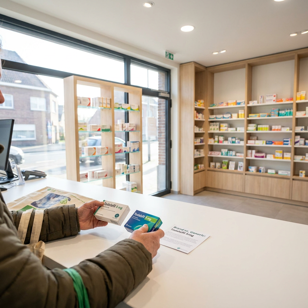 Close-up van een apotheekbalie met medicijndoosjes, een prijskaartje en een klant die verpakkingen vergelijkt in helder daglicht.