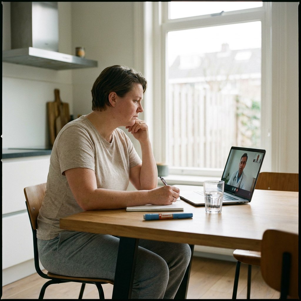 Volwassene zit aan de keukentafel met pen en notitieblok tijdens een videoconsult over stoppen met Ozempic, in zacht daglicht en rustige sfeer.