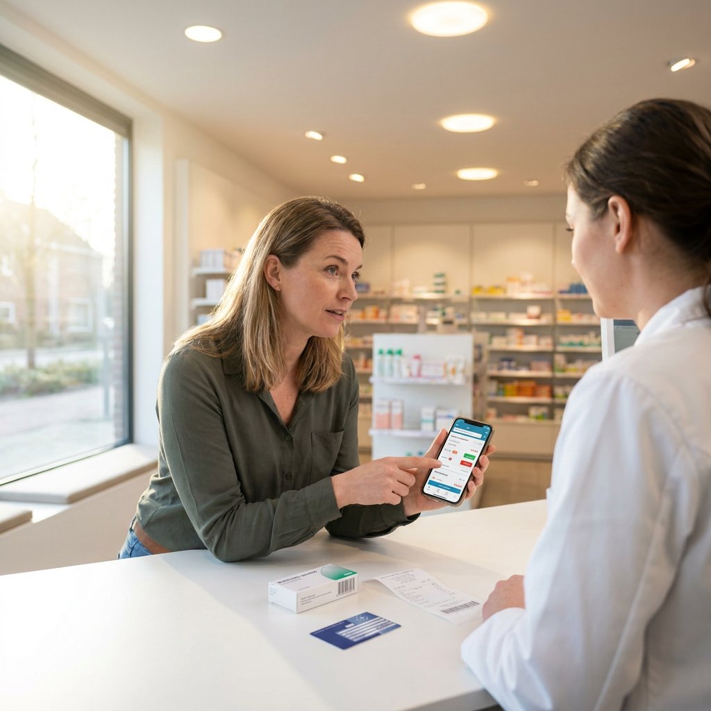 Vrouw in Nederlandse apotheek bekijkt receptkosten op haar telefoon terwijl een apotheker medicatie en kassabon op de balie legt.