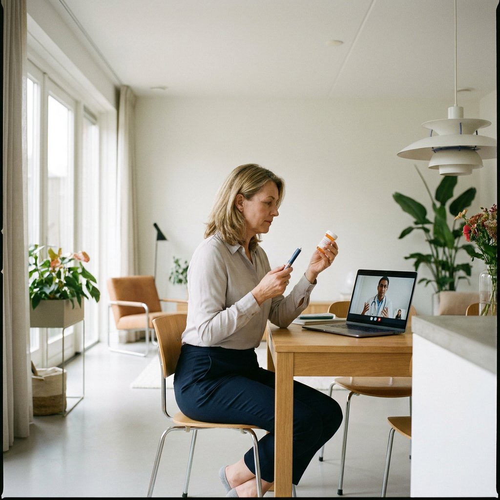 Volwassen patiënt aan keukentafel bekijkt afslankinjectiepen en pillenpotje tijdens online consult, in helder daglicht met rustige medische sfeer.