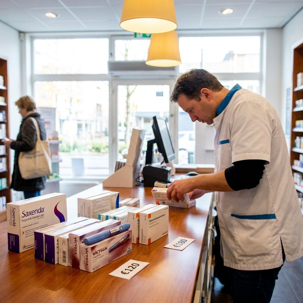Dutch pharmacy counter with liraglutide injection pens, price tags and a pharmacist reviewing packaging in bright, clean clinical light.