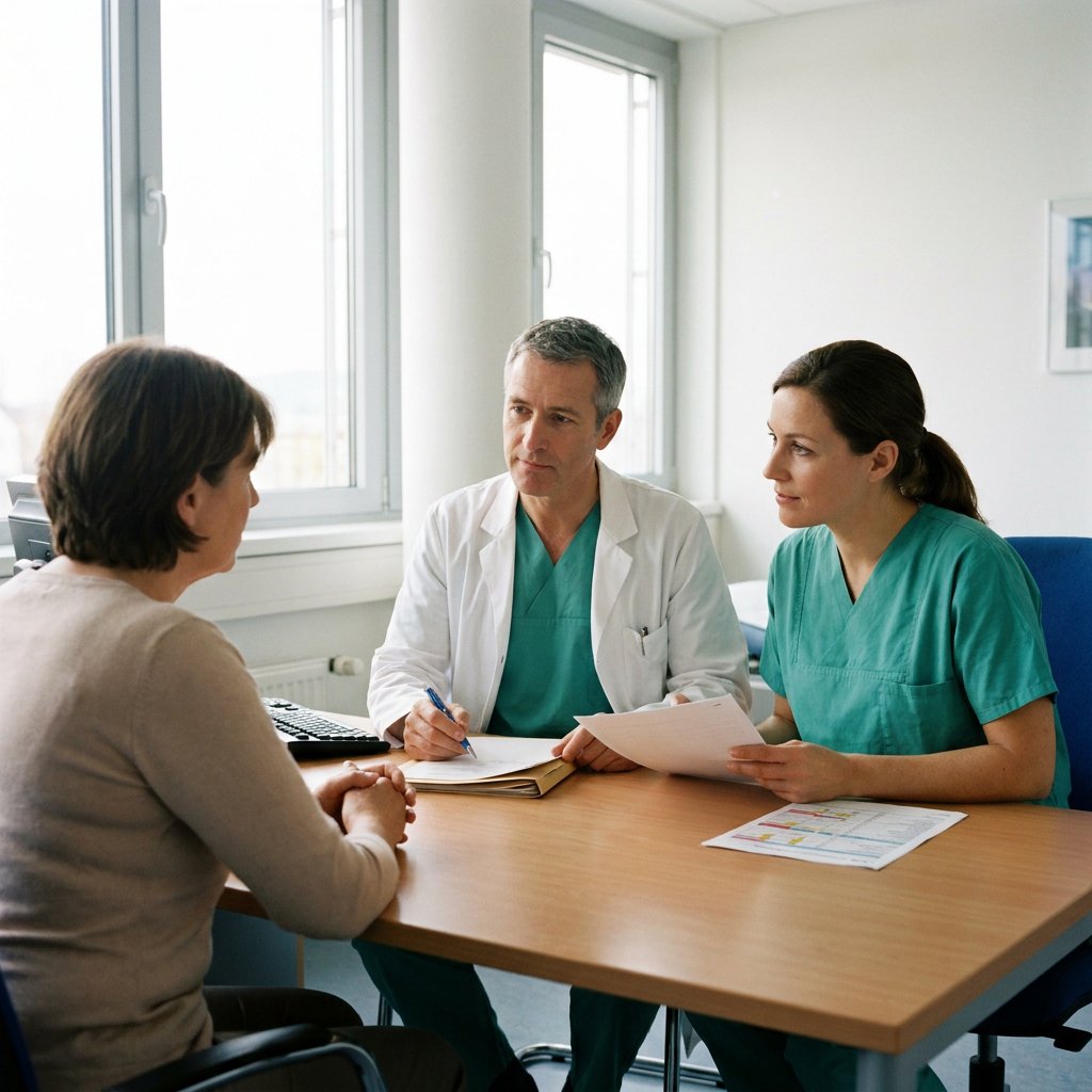 Patiënt bespreekt GLP-1 medicatie en operatieplanning met chirurg en anesthesioloog in een rustige moderne spreekkamer.