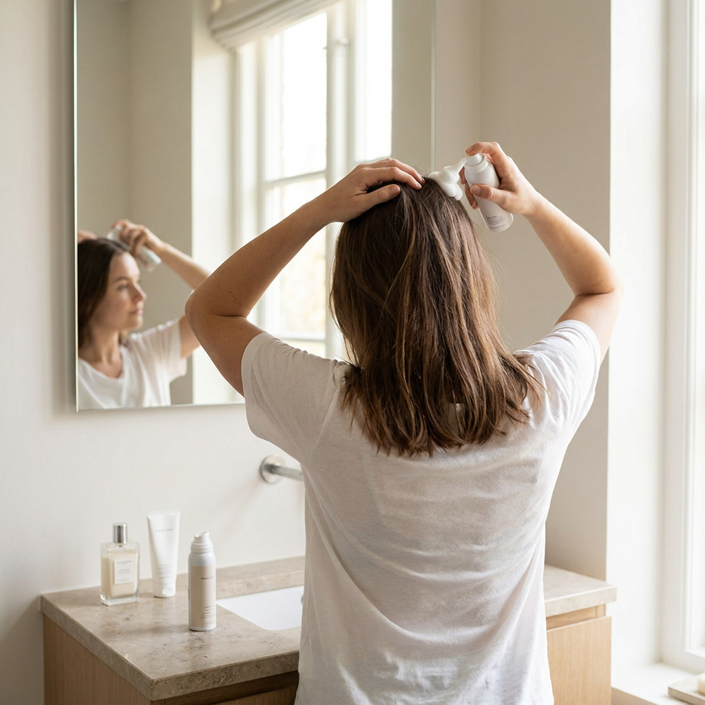 Bathroom counter with minoxidil foam and lotion beside a mirror, while an adult applies product to the scalp in soft natural morning light.