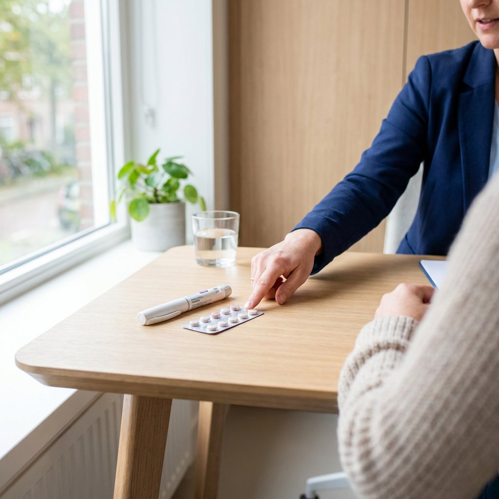 Close-up of a doctor’s desk with a weekly injection pen and daily tablets side by side, in a bright Dutch clinic with calm natural light.