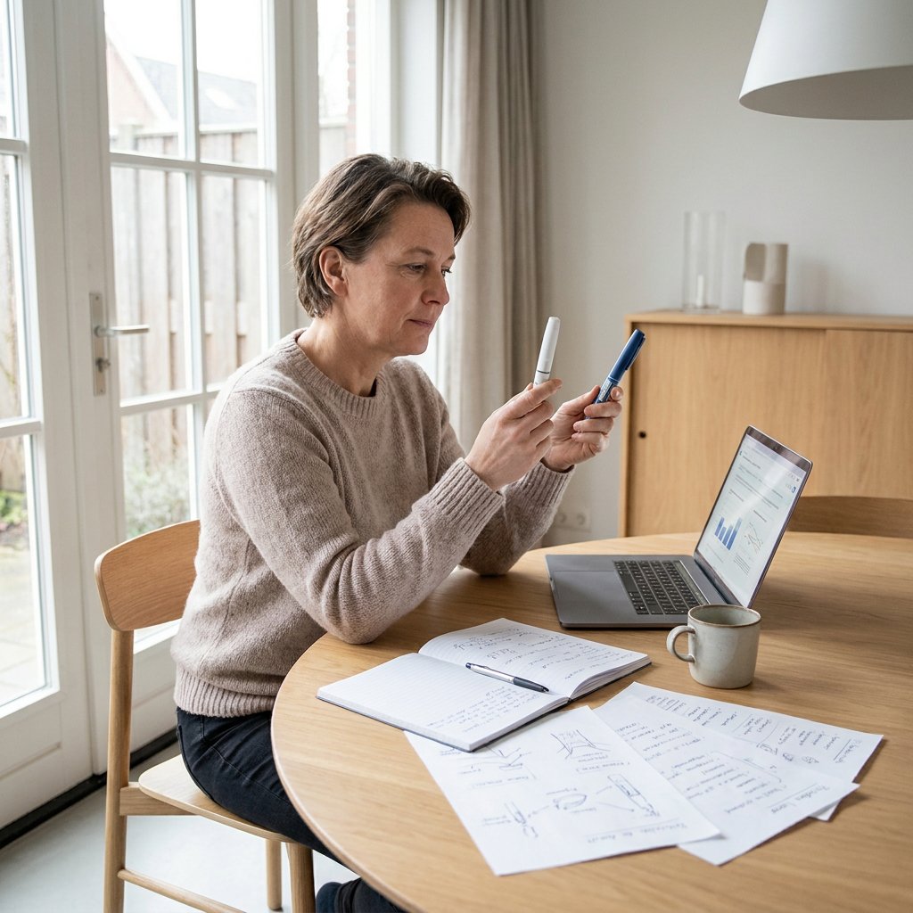 Adult patient at a tidy home table comparing two GLP-1 injection pens with a laptop and notes, in soft daylight, creating a calm medical feel.