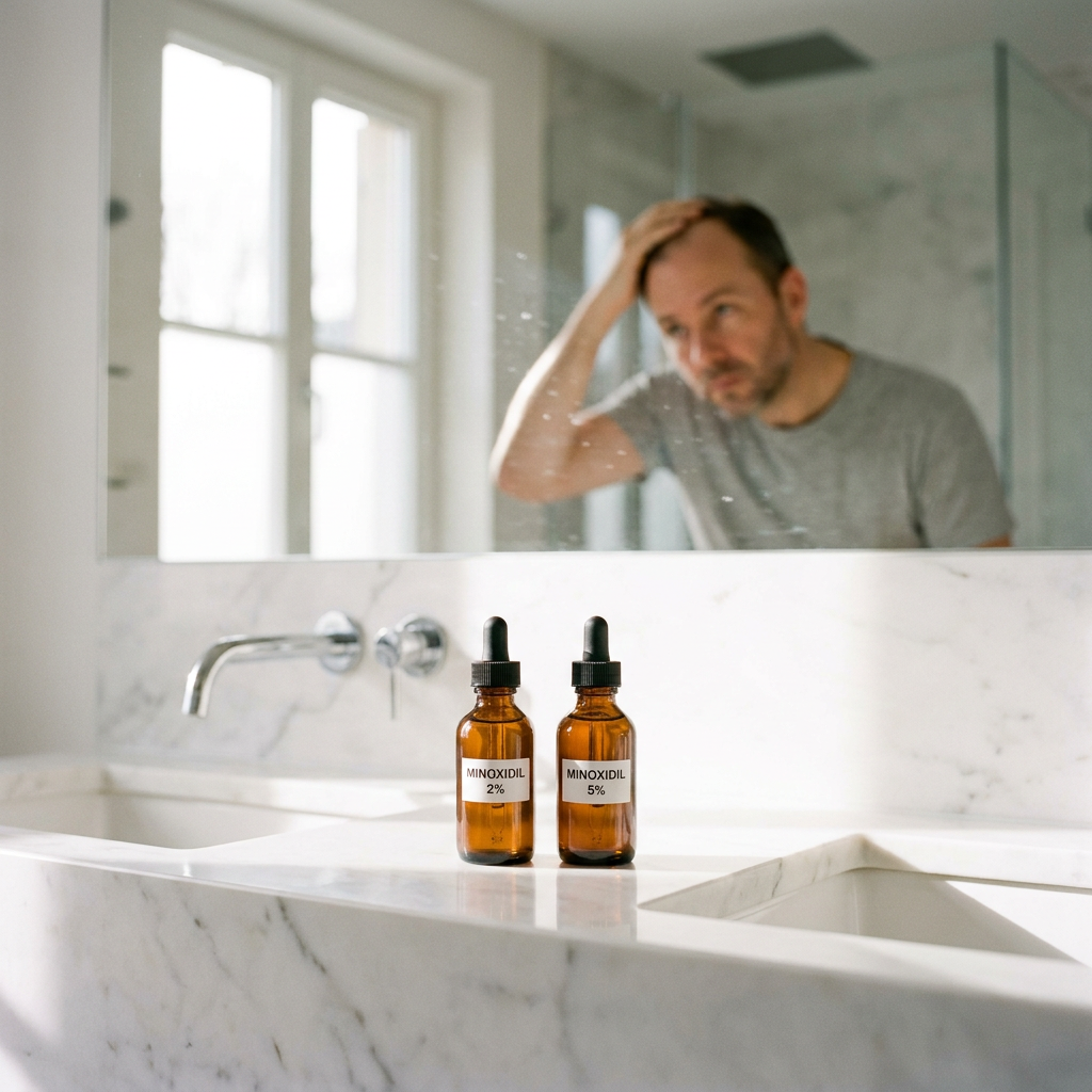 Close-up van twee minoxidil flesjes met 2% en 5% op een badkamerplank, terwijl een man zijn hoofdhuid in de spiegel bekijkt.