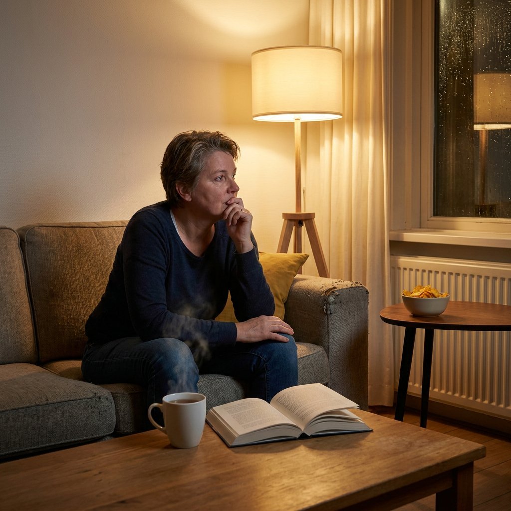 Volwassene zit ’s avonds op de bank in een rustige woonkamer, legt snacks weg en kiest bewust voor thee, in warm zacht lamplicht.