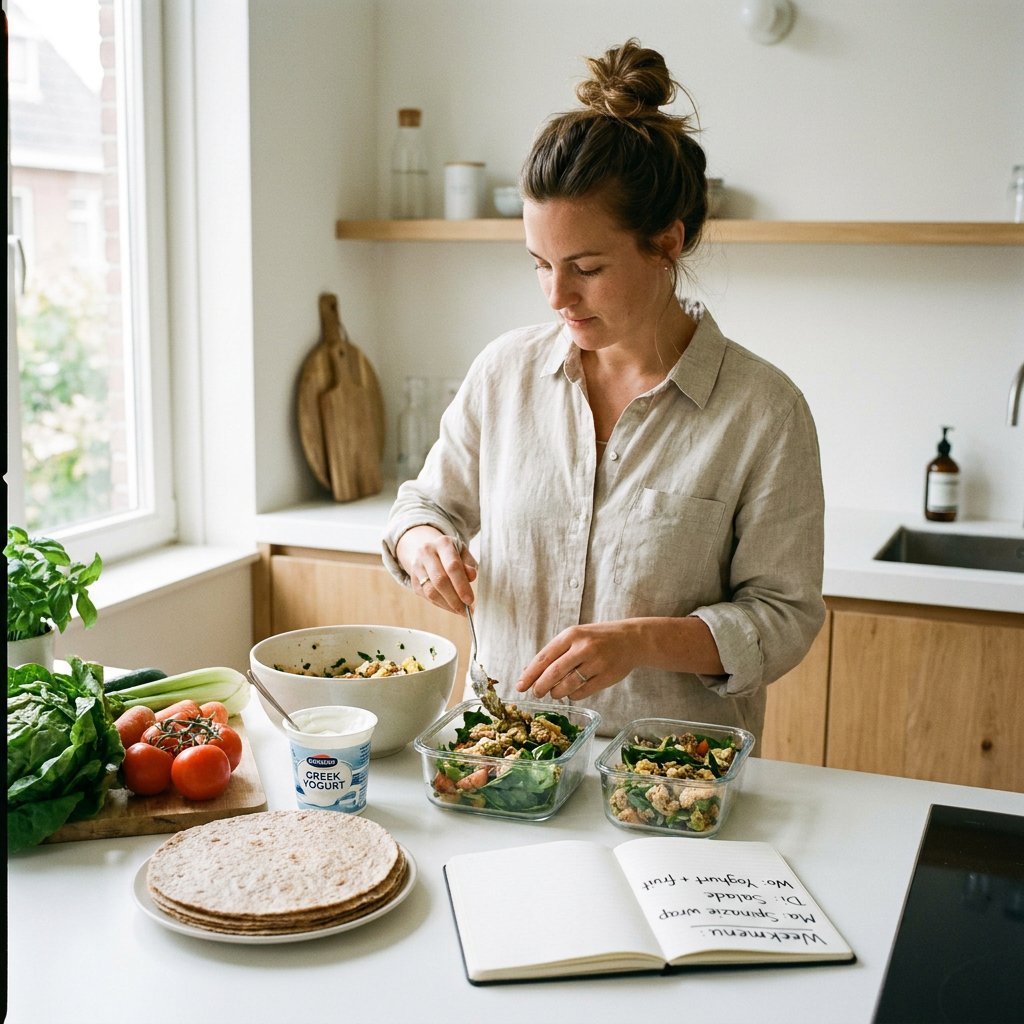 Volwassene in lichte Europese keuken maakt maaltijdplanning met gezonde bakjes, notitieboek en snelle lunchingrediënten op het aanrecht.