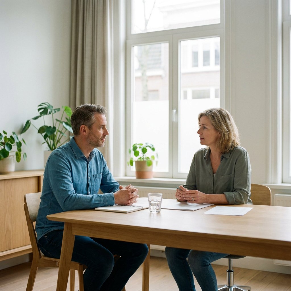 Volwassen patiënt zit in een lichte spreekkamer tegenover een arts en bespreekt maag- en darmklachten, met een rustige medische sfeer.