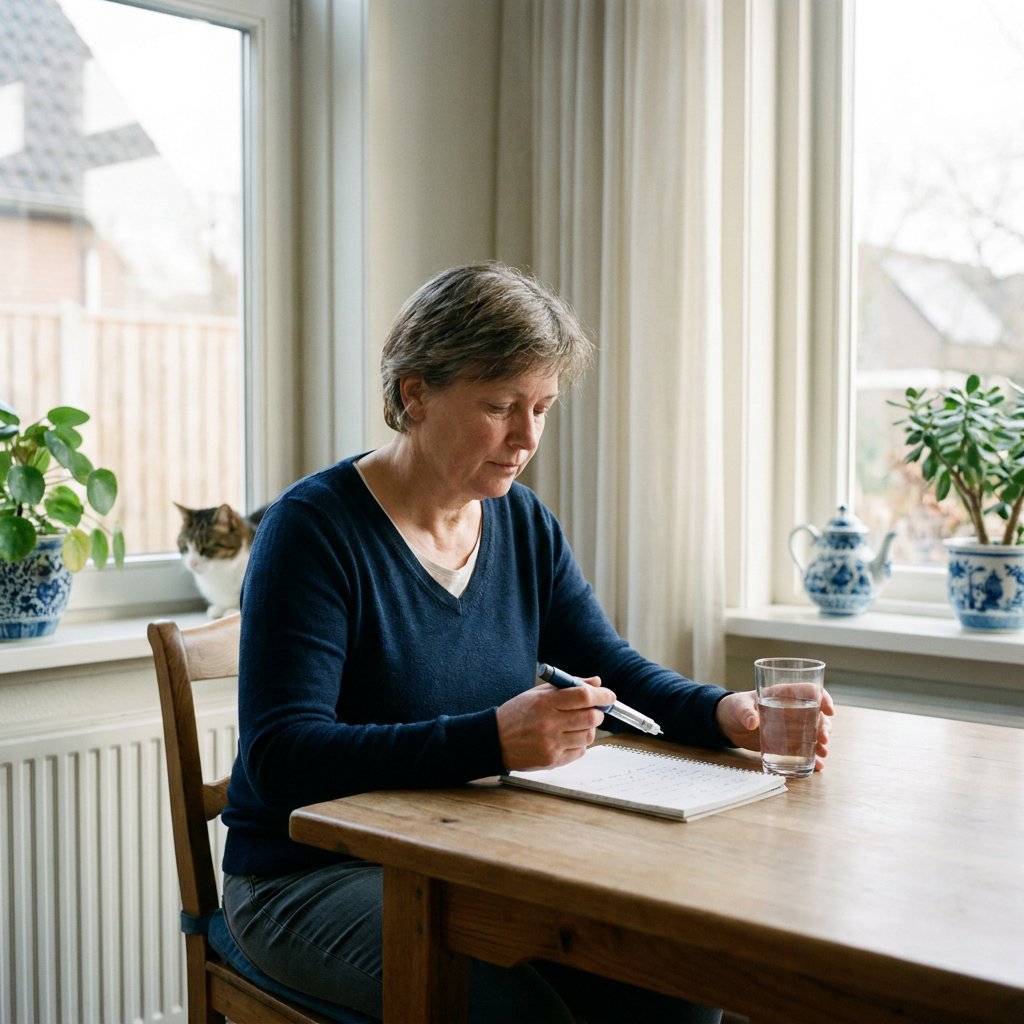 Volwassene zit thuis aan de keukentafel met penmedicatie, glas water en notitieboekje, in een rustige medische sfeer met zacht daglicht.