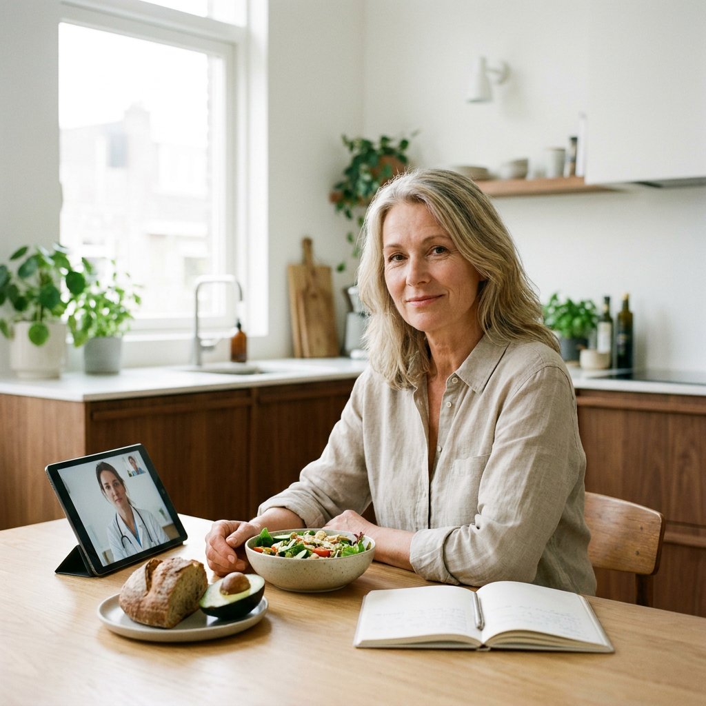 Vrouw van rond de 55 zit aan een lichte keukentafel met gezonde lunch en tablet voor videoconsult, in zacht daglicht en een rustige sfeer.