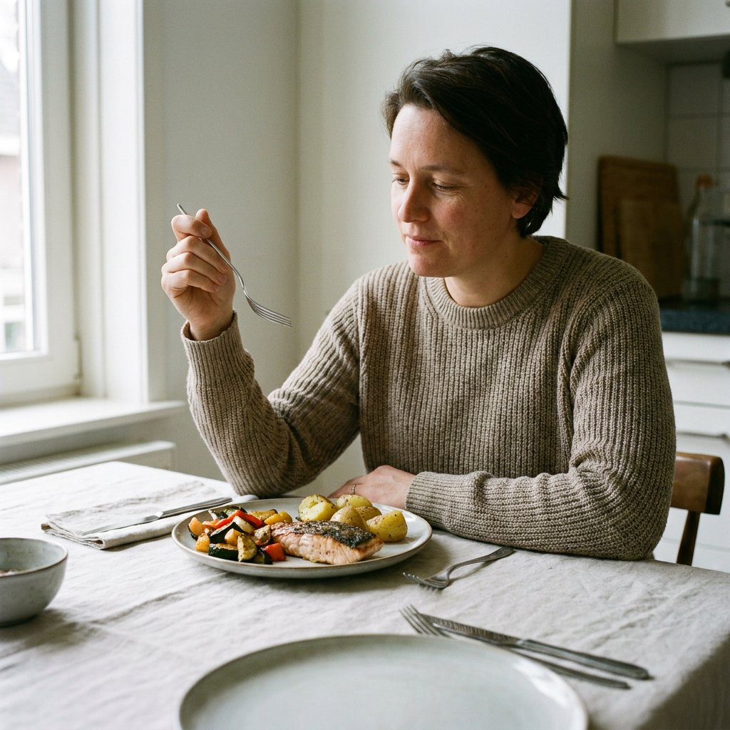 Volwassene zit aan een lichte eettafel met een gezonde maaltijd, kijkt aandachtig naar het bord en eet rustig in een kalme huiselijke setting.