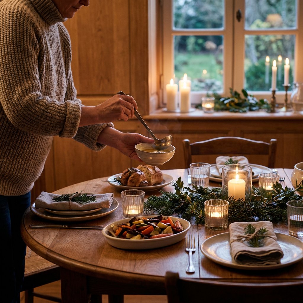 Volwassene aan een feestelijk gedekte eettafel schept een bescheiden portie op, met warme kaarsverlichting en een rustige, bewuste sfeer.