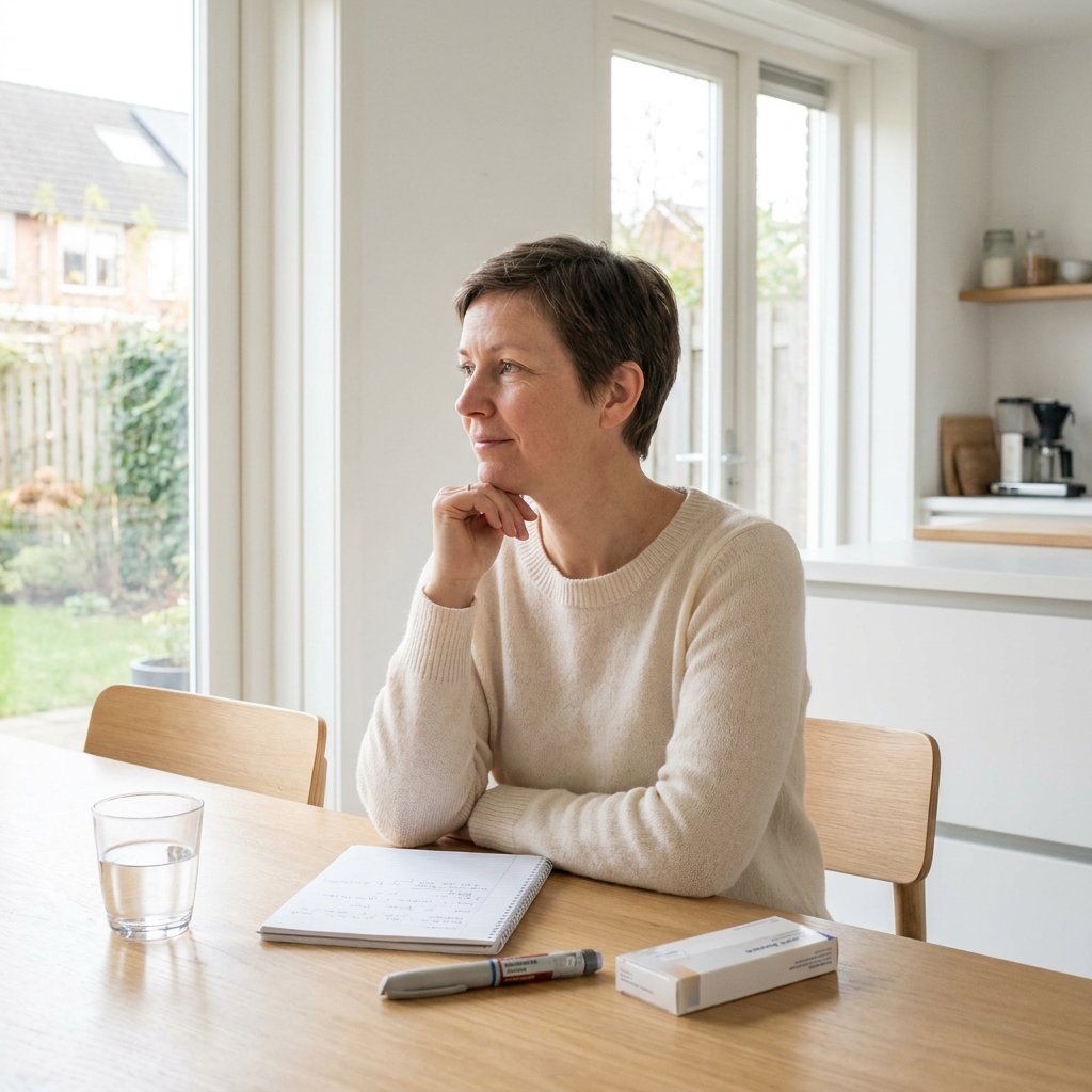 Volwassen vrouw aan de keukentafel bekijkt een injectiepen en notities, in een rustige moderne woning met zacht daglicht en medische sfeer.