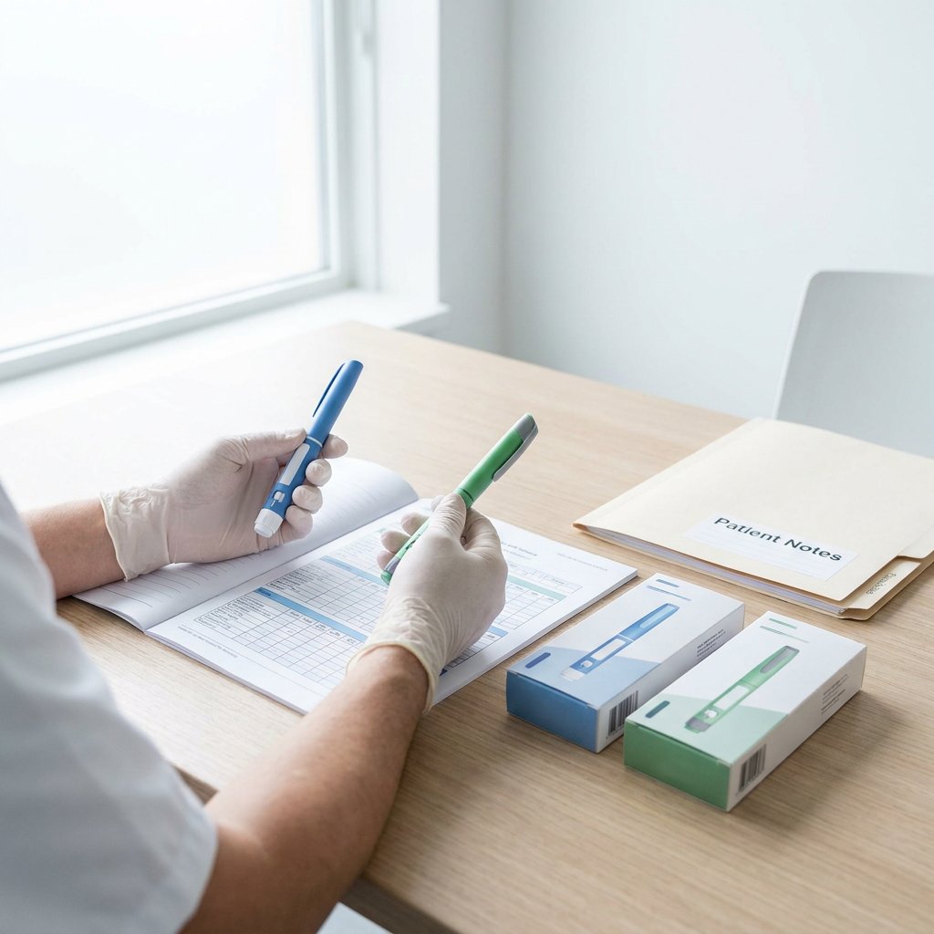 Dutch clinic consultation table with two injection pens, medicine boxes and a doctor reviewing treatment notes in soft daylight.
