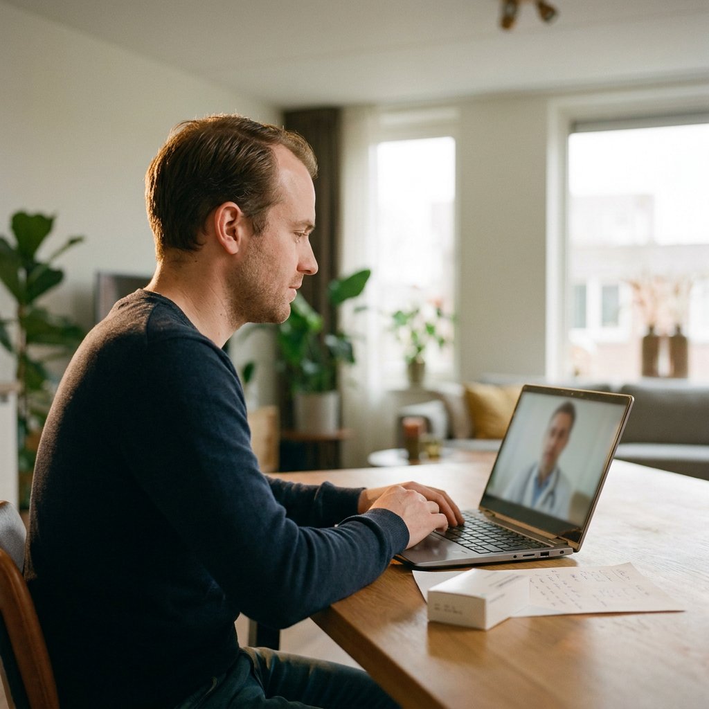Man van begin 30 met lichte inhammen voert videoconsult met arts op laptop aan keukentafel; klein discreet apotheekpakket en notitieboekje liggen naast hem.