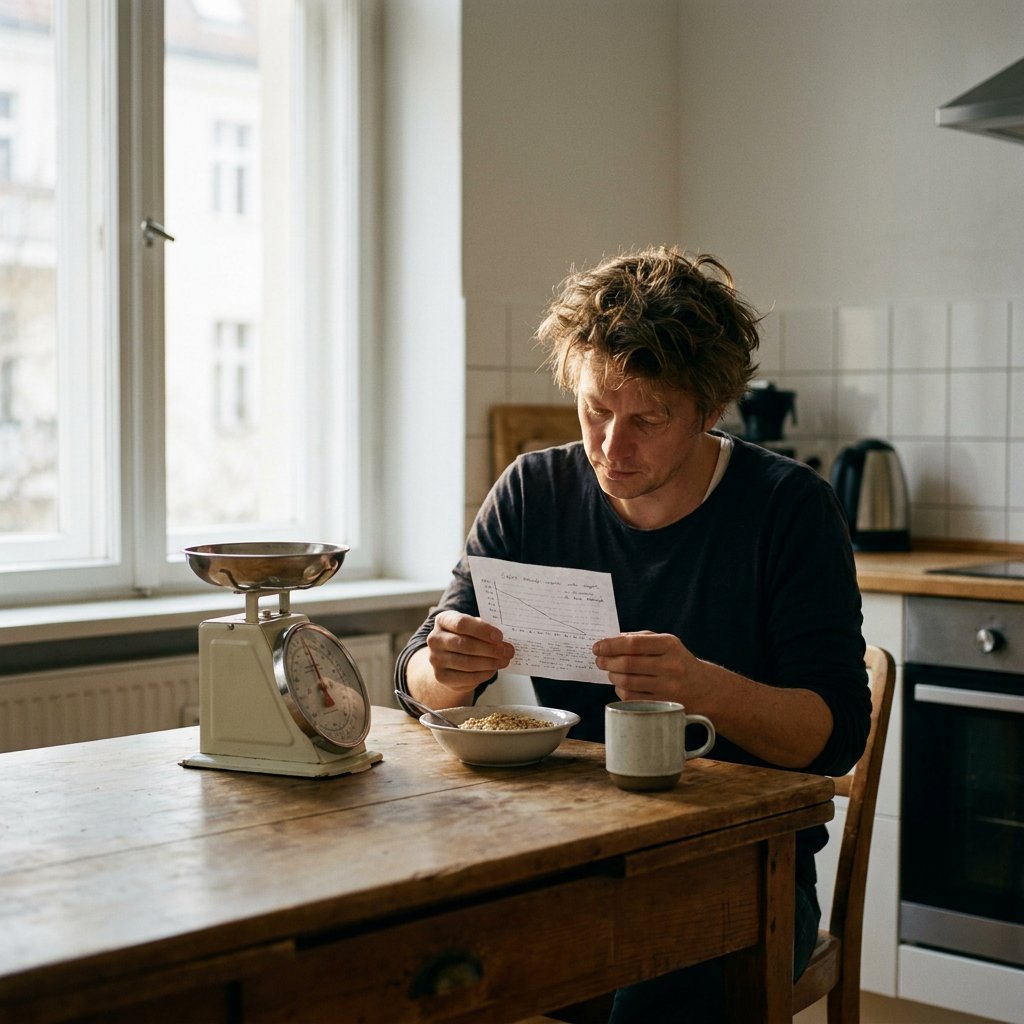 Volwassene aan een houten keukentafel, kijkt naar een notitie met een vlakke gewichtsgrafiek; weegschaal, koffie en havermout in zacht ochtendlicht.