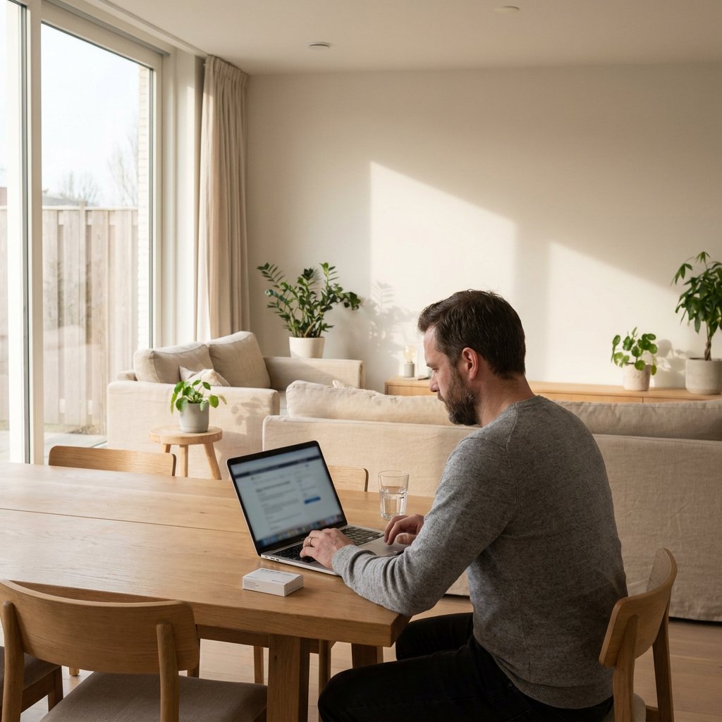 Man van middelbare leeftijd in lichte Nederlandse woonkamer bekijkt een telezorgportaal op laptop; discreet apotheekdoosje en glas water op tafel; zacht daglicht.