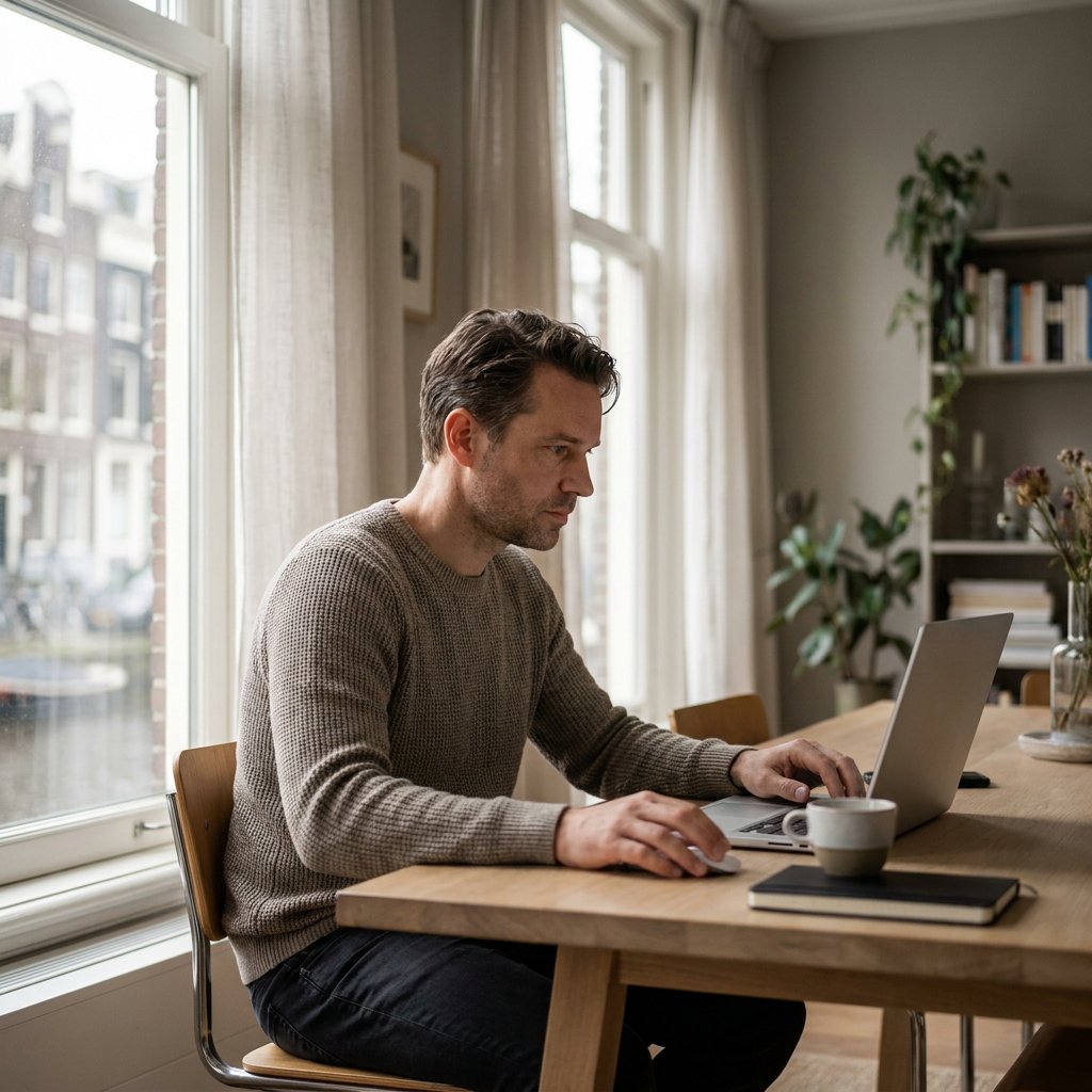 Man van middelbare leeftijd aan eettafel met laptop, vult online medische vragenlijst in. Zacht ochtendlicht in een Nederlandse woonruimte, rustige sfeer.