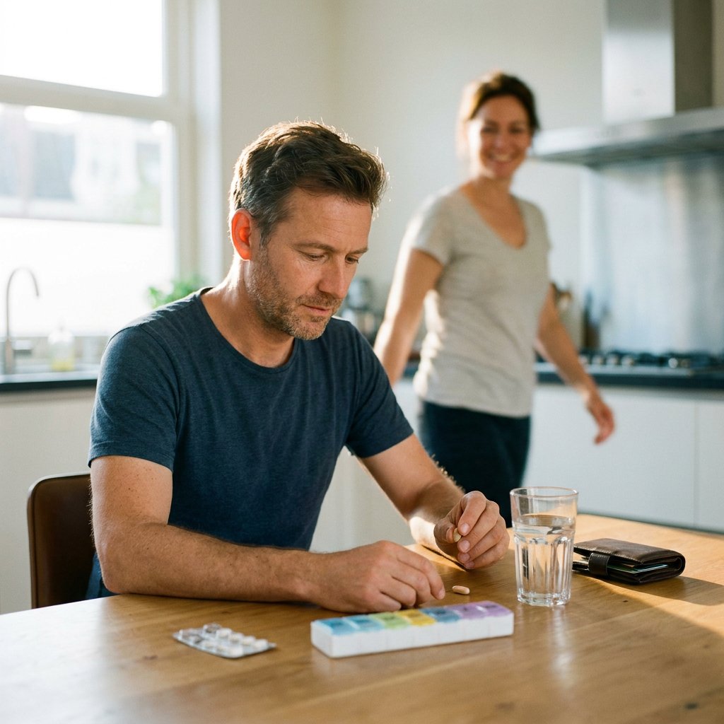 Man van midden veertig aan een keukentafel in een licht Europees appartement, met glas water, pil en pillendoos; partner onscherp op de achtergrond.